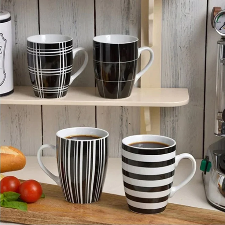 matches21 HOME & HOBBY Tasse Kaffeetassen 4er Set Streifen & Karo-Design, 4-tlg, Porzellan, Tee Kaffee-Becher, klassisch, schwarz weiss gestreift, 300 ml – Bild 4