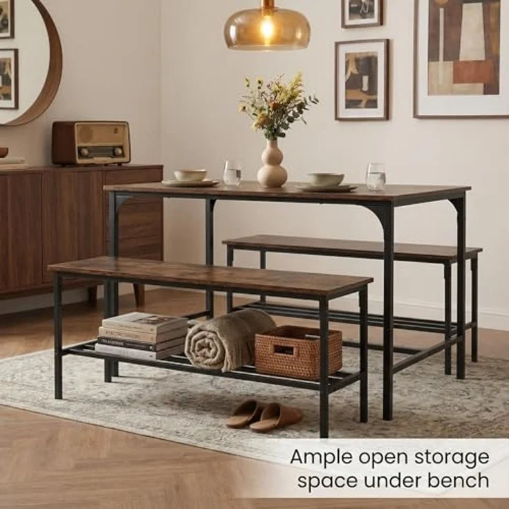 FurnitureR 3-teiliges rechteckiges Esszimmer-Set, Metall, Braun, Tisch 70 x 110 x 74 cm, Jede Bank: T30 x B100 x H45 cm – Bild 6