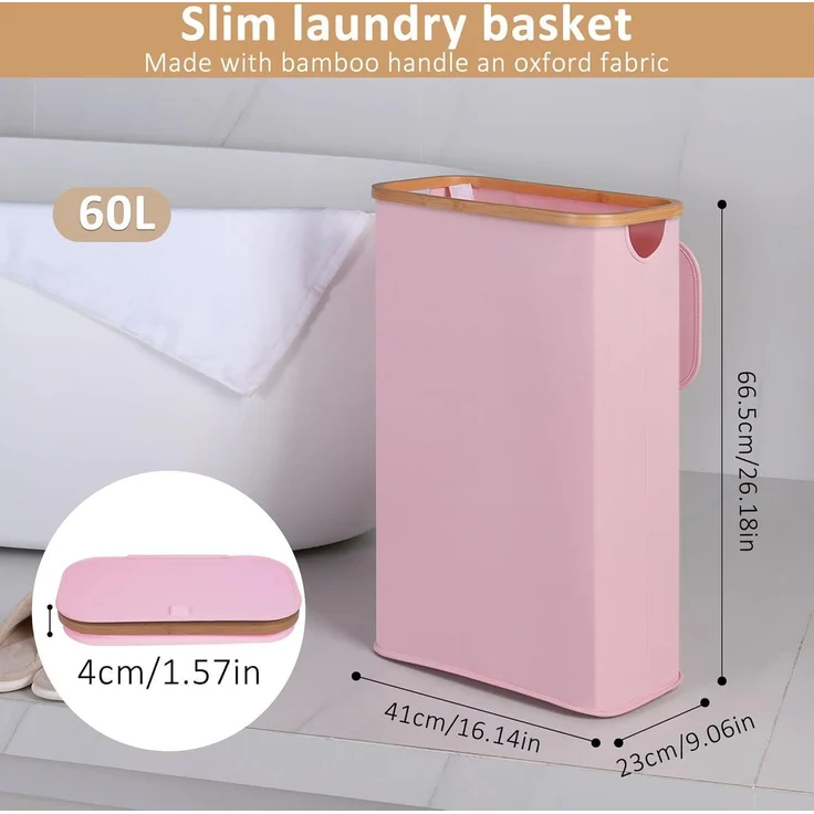Wäschekorb mit Deckel 60L Rosa Bambusgriff Faltbarer Slim für Schlafzimmer – Bild 2