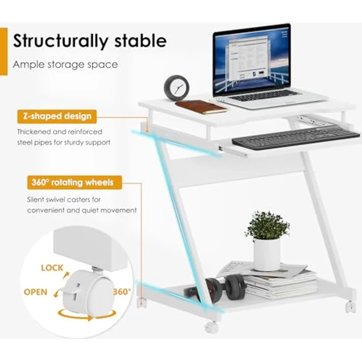 SogesHome Schreibtisch Klein Computertisch mit 4 Rollen 2 Davon mit Bremsen PC-Tisch in Z-Form mit Tastaturauszug für Zuhause und Büro, 60x48 cm – Bild 6