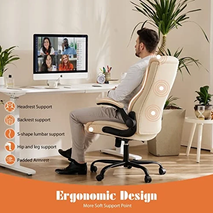 Sweetcrispy Bürostuhl, Ergonomisches Pu-Leder Chefsessel, mit Hochklappbaren Armlehnen, Bürostuhl Leder mit Drehbaren Rädern, Geeignet für Büros, Zuhause und Andere Umgebungen (Weiß) – Bild 4