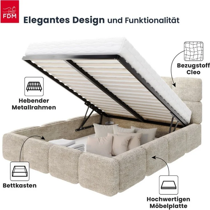 FDM Polsterbett CLOUDY Bettgestell Bett 140x200, 160x200, 180x200 cm Bestseller (verfügbar 140x200 160x200 180x200cm, Bettrahmen, Bett, mit großen gepolsterten Kopfteil, mit Bettkasten zum aufklappen), Hebbarer Metallrahmen, Bettkasten, ohne Matratze – Bild 2
