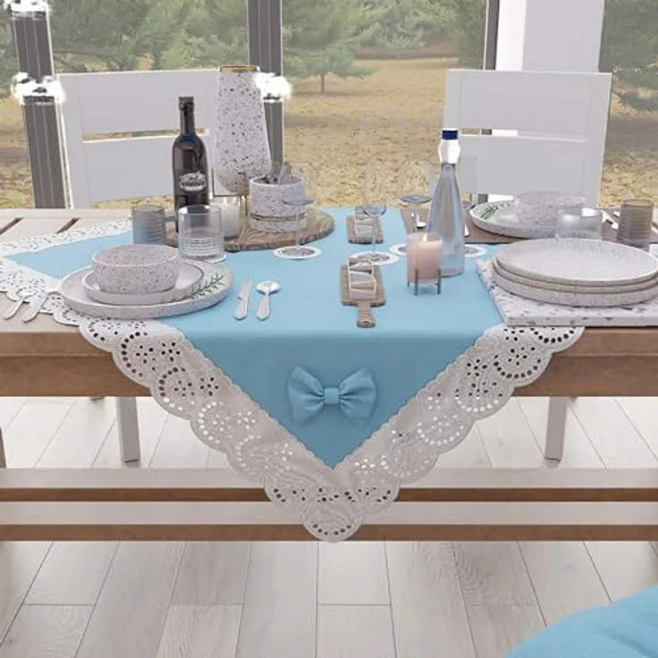 PETTI Artigiani Italiani - Elegante Mitteldecke, Tischläufer für die Küche, einfarbig mit Rüschen aus Spitze mit Fransen und Schleifen, Mitteldecke aus Baumwolle, Mitteldecke 95 x 95 cm
