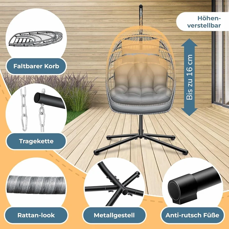KESSER® Hängesessel Jungle mit Gestell Stahl Hängekorb Sessel Inkl. Großen Kissen + Decken Halterung - Hängeschaukel Hängesitz Indoor - Outdoor Schaukel Hängestuhl für Kinder und Erwachsene Grau – Bild 2