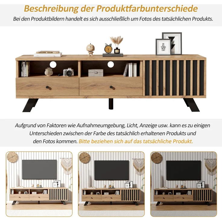 TV-Schrank 150 cm mit Holzmaserung in Natur & Schwarz – Fernsehschrank mit 2 Schubladen, 1 Schrank & offenen Fächern – Bild 6