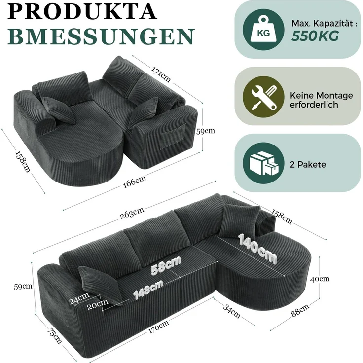 COMHOMA Ecksofa mit Schlaffunktion, 263cm -LCorduroy Modulares Boneless Couch mit Chaiselongue, L-Form Schlafsofa, Sektionssofas mit Kissen & Seitentaschen,Sofa für Wohnzimmer, Keine Montage, Grau – Bild 3