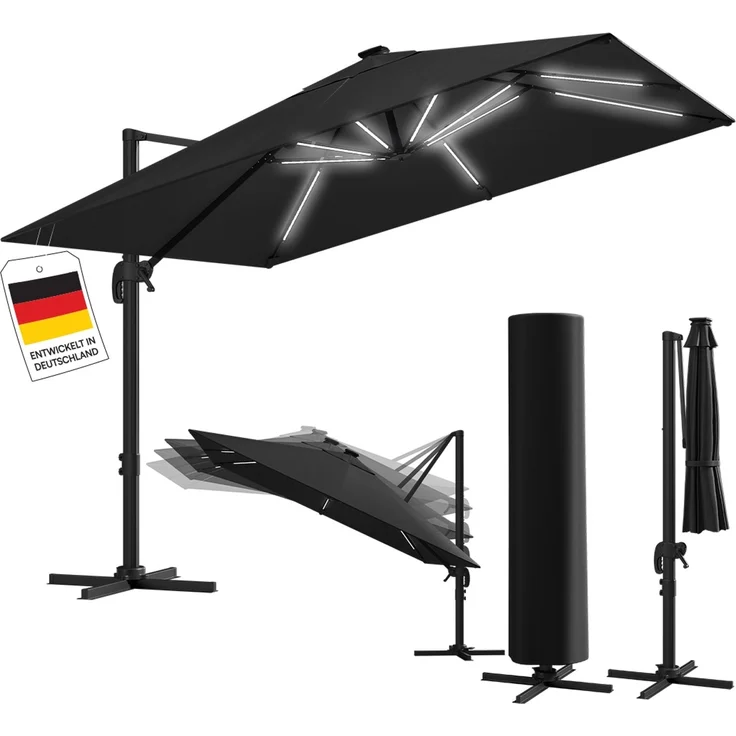 STEELSØN 'Elaris' Premium Sonnenschirm 300x300 cm quadratisch mit LED, neigbar und 360-Grad drehbar, schwarz, Ampelschirm inkl. Hülle, extrem robuste Metall-Stange, 220 g/m² Polyester, UV50+ – Bild 1