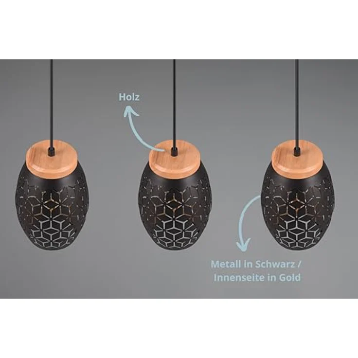 lightling Pendelleuchte Bill, 3-flammig, höhenverstellbar, mit Holzakzenten, schwarz-gold, 150 cm Höhe, 71 cm Breite, Deckenmontage – Bild 3