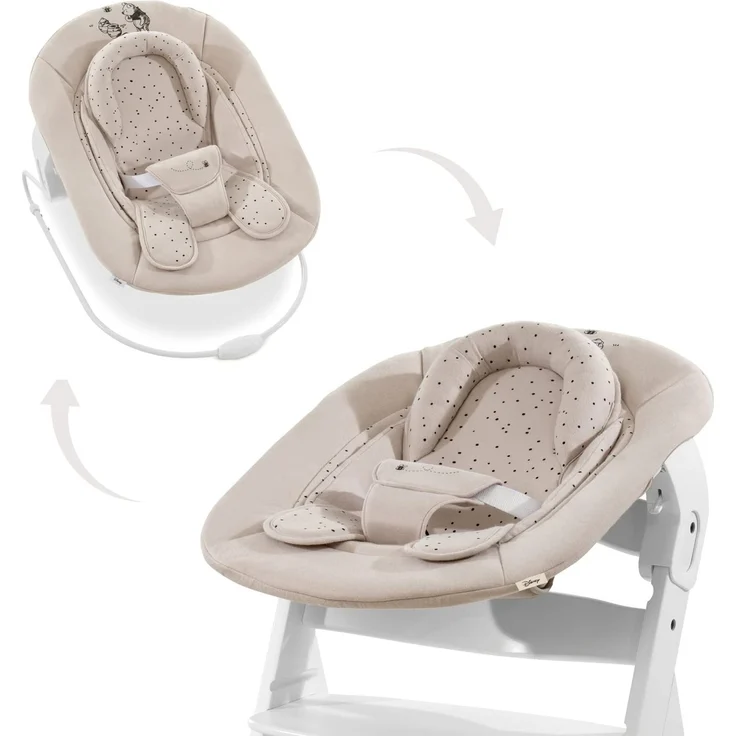 hauck Alpha Bouncer 2in1, Disney Winnie the Pooh Beige – Babyschale für Alpha+ Holzhochstuhl mit Hüpfrahmen, 3-Punkt-Hüftgurt & Sitzverkleinerer, ab Geburt bis 9 kg