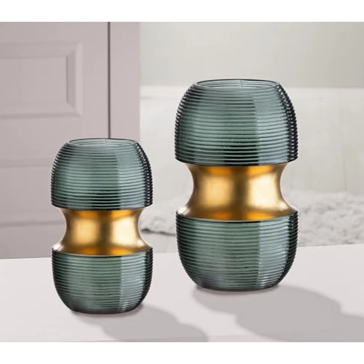 GILDE Deko Vase "Opal", Glasvase mit Rillen Design, Höhe 18 cm, Grün Gold für Tischdeko und Geschenke – Bild 2