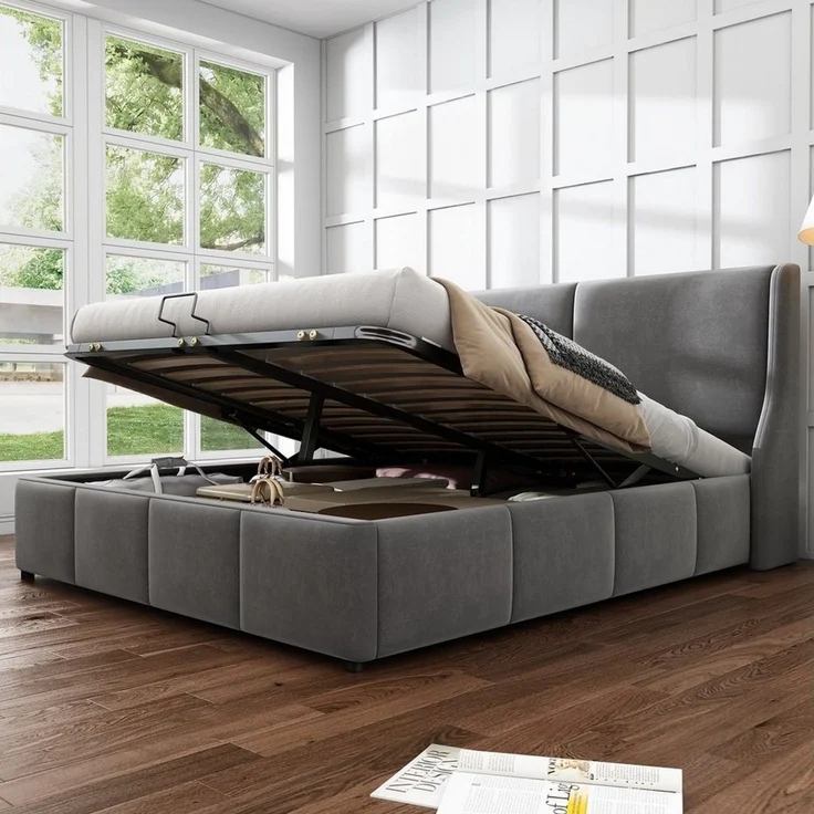 Odikalo Stauraumbett Polsterbett Doppelbett Funktionsbett Kopfteil Bett mit Bettkasten (140/160/180 Grau, Geeignet für Erwachsene und Jugendliche, aus hochwertigem Flanell) – Bild 5