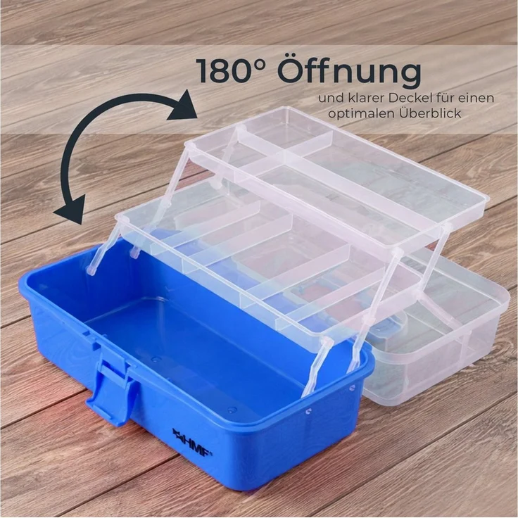 HMF Aufbewahrungsbox Nähkasten aufklappbar mit 3 Ebenen, Sortierbox mit 8 Fächern für, Kleinteile, 36,5 x 20,5 x 16 cm, Blau – Bild 3
