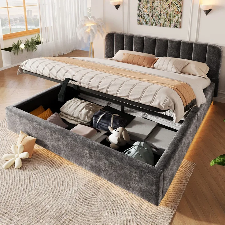 Polsterbett mit LED-Beleuchtung und Stauraum, 180x200 cm, gepolsterter Kopfteil, Doppelbett, Stauraumbett, Chenille