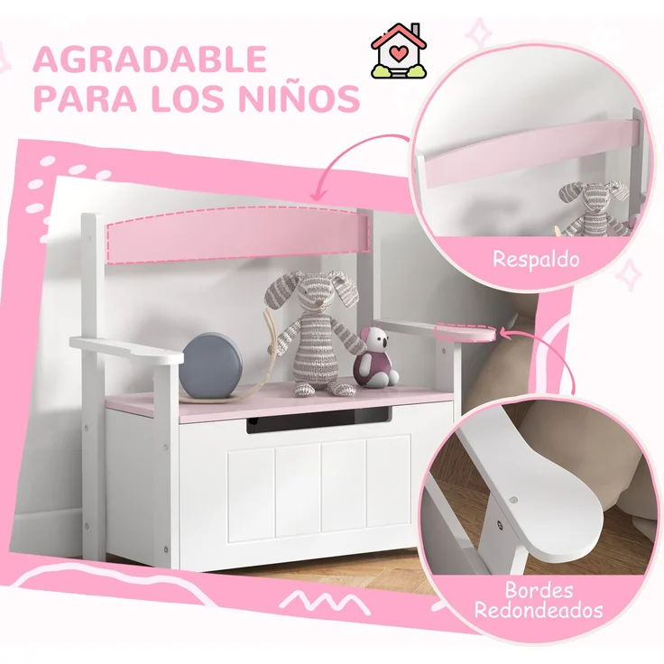JARDJ Kinder-Aufbewahrungsbank mit Rückenlehne und Soft-Close-Deckel, Tragkraft 30 kg, für Spielzimmer, 68,5 x 34 x 58 cm, Rosa und Weiß – Bild 7