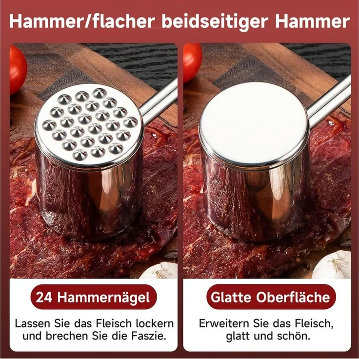 OSTWOLKE Fleischhammer Doppelseitig Fleischklopfer 304 Edelstahl Fleisch Hammer Silber – Bild 2