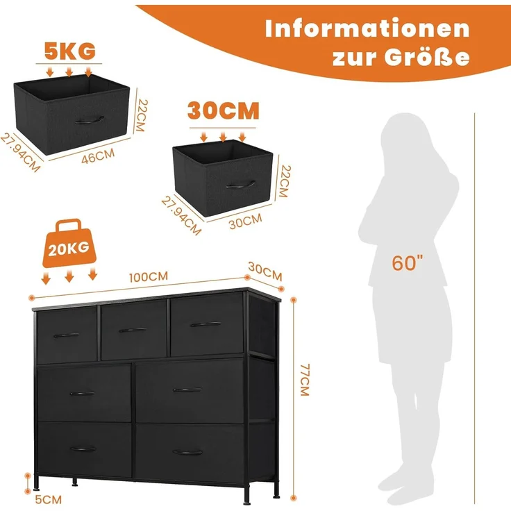 Sweetcrispy Kommode,Sideboard Wohnzimmer für Schlafzimmer mit 7 Stoffschubladen,Einstellbare Füße Schubladenschrank,Komodenschrank für Schlafzimmer,Klassisch Schwarz – Bild 3