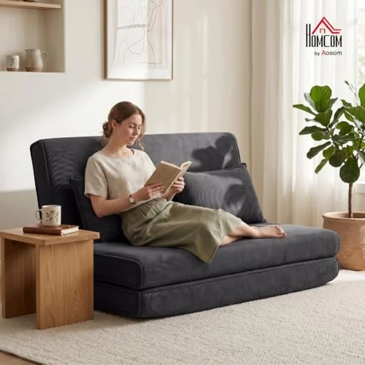 HOMCOM Bodenkissen 3 in 1 Schlafsofa Klappsofa mit 2 Kissen und Verstellbarer Rückenlehne, 3-in-1, 5-fach verstellbar, 2 Kissen – Bild 2