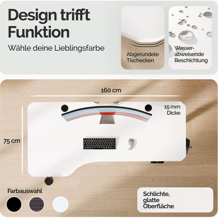 Casaria Elektrisch höhenverstellbarer Schreibtisch, LCD- Display, Spanplatte/Stahlgestell, Weiß, 160x75 cm – Bild 5