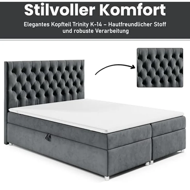 Best For Home Boxbett Trinity K-14, Graphit, 200x200 cm, Boxspringbett mit Bettkasten und 18 cm hoher Matratze – Bild 4