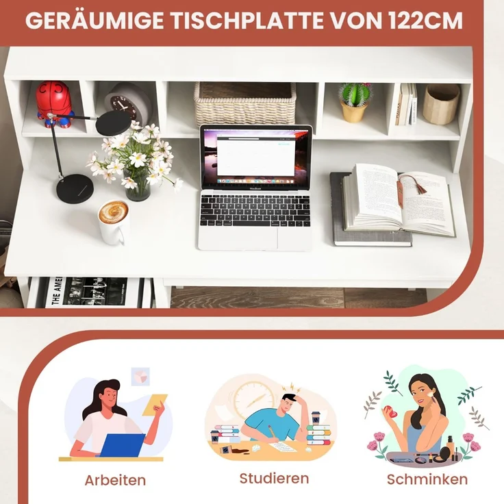 Schreibtisch mit 2 Schubladen und 5 Fächern Computertisch Kinderschreibtisch 120 x 60 x 110 cm Weiß SH189 – Bild 2