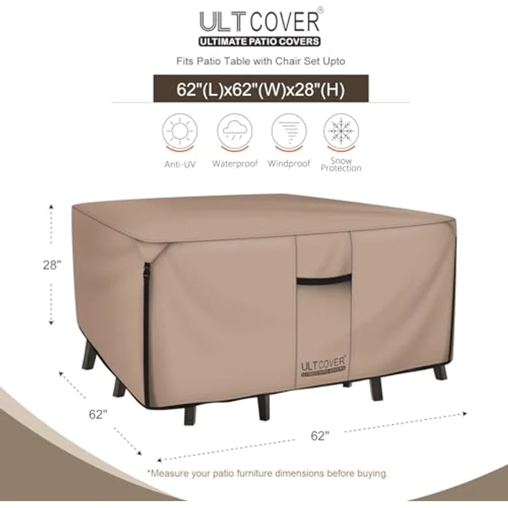 ULTCOVER Quadratische Abdeckung für Terrassentische, robuste 600D-Leinwand, wasserdicht, für Esstisch und Stühle, Allzweck-Möbelabdeckung, Größe 157,5 cm – Bild 3