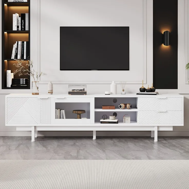 TV-Schrank Weiß 200 x 40 x 50,5 cm, modernes Lowboard für 80-Zoll Fernseher, Sideboard mit 2 Türen 2 Schubladen, 3-Schicht-Ablage