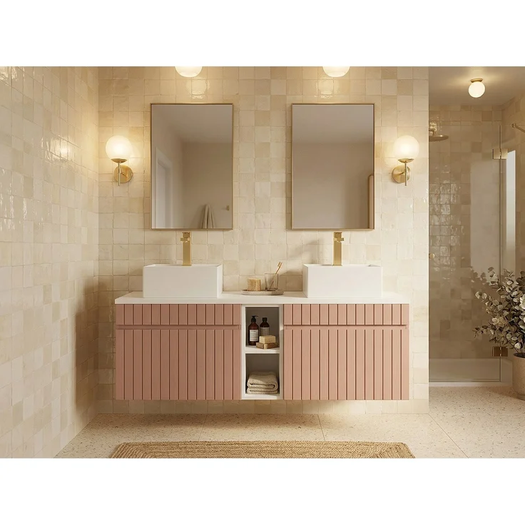 Vente-unique - Hängender Badezimmer-Unterschrank gerillt mit Fächern und Doppel-Aufsatz-Waschbecken quadratisch – Rosa – B140 cm – SATARA – Bild 3