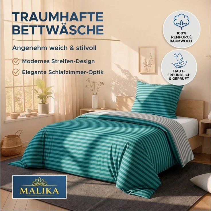 Malika Bettwäsche 135x200 + 80x80 cm atmungsaktiver Baummwoll Renforce Bettbezug, Renforce Baumwolle, 2 teilig, Für Allergiker geeignet, pflegeleicht, angenehm weicher Stoff – Bild 2