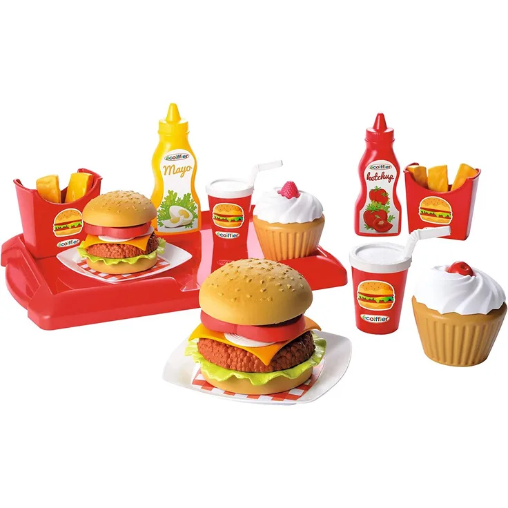 Ecoiffier – Burger Spielzeug-Set – 36-teiliges Spielset mit Pommes, Ketchup, Burger, Tablett, usw, ideal für Kinderküche, für Kinder ab 18 Monaten