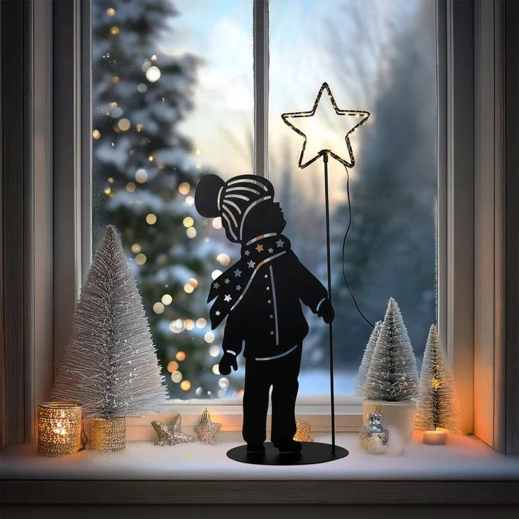 Spetebo LED Dekofigur LED Metall Weihnachts Aufsteller Kind mit Stern - 60 cm, Timer, LED fest integriert, warm weiß, Deko Silhouetten Bild warmweiß beleuchtet mit Timer Batterie – Bild 4
