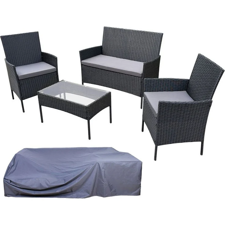 SVITA Sitzgruppe BROOKLYN, (Set, Gartenlounge mit Abdeckhaube), 4-teilig, Polyrattan Lounge Set, wetterfest, inkl. Kissen, Schwarz – Bild 1