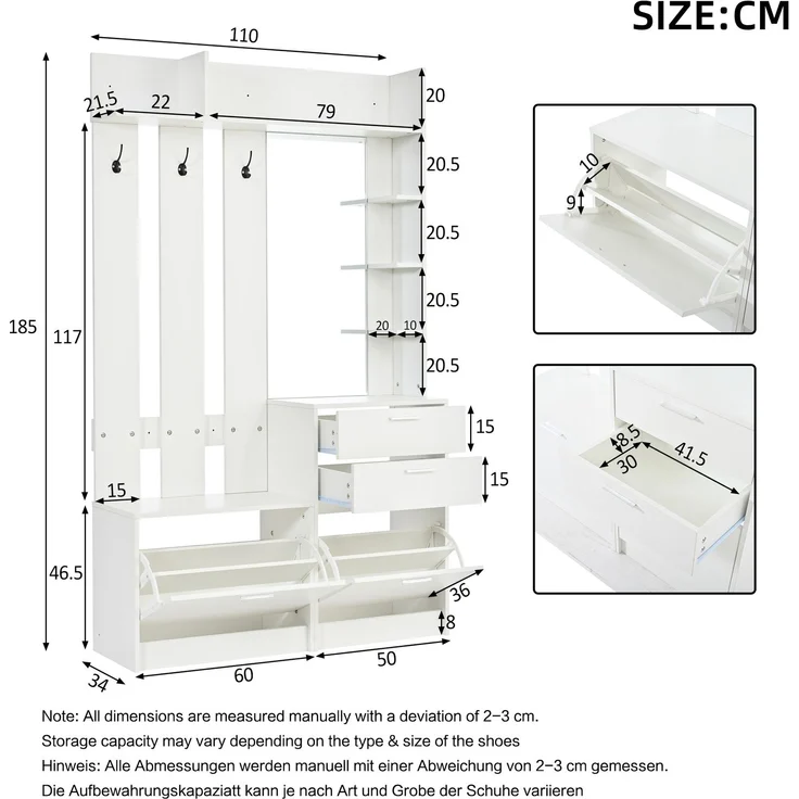 DESVIAE Garderobenschrank Weiß aus MDF – 110x185x34 cm – Spiegel, 2 Schuhschränke – Bild 10