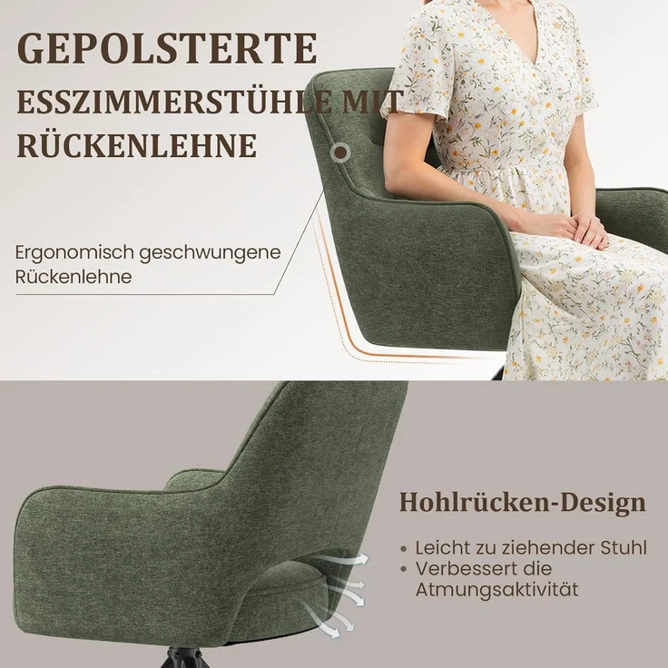 COLAMY Drehbare Esszimmerstühle 6er Set mit Armlehnen, Drehbare Polsterstühle für Küche & Esszimmer aus weichem Florstoff mit Metallgestell und Rückenlehne, für Esszimmer, Küche, Büro,Grün – Bild 4