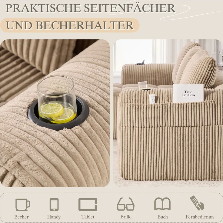 LVHOM Ecksofa 3 sitzer, Bodensofa mit Seitentaschen und Getränkehalter, Polstersofa aus Cordstoff, frei Kombination, Modulares Chaiselongue-Sofa-Set, 253x158x61 cm – Bild 4
