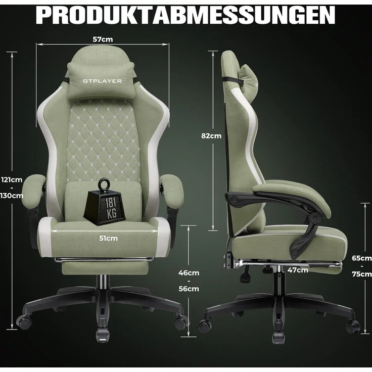 GTPLAYER Gaming Stuhl Ergonomischer, PC Stuhl Atmungsaktiver Stoff, Groß und Hoch Drehbarer Schreibtischstuhl mit Fußstütze,Verstellbare Lendenwirbelstütze und Kopfstütze,Grün – Bild 3