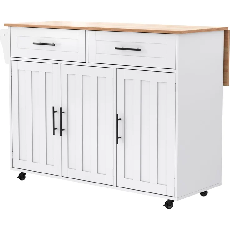 Servierwagen 129x46/71x91,5 cm mit klappbarer Arbeitsplatte – Kücheninsel aus MDF in Weiß mit Stauraum und Rollen – Bild 5