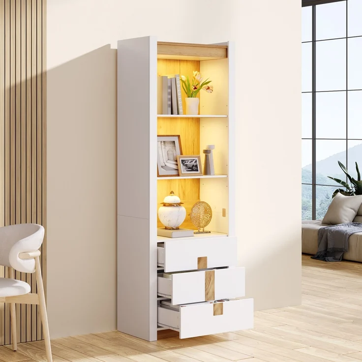Vitrine 63 x 41,5 x 200 cm aus Spanplatte mit Schubladen und Bluetooth-LED-Beleuchtung – Bild 1