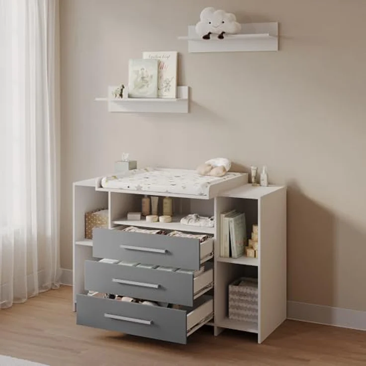 Livinity® Wickelkommode Torino, Weiß/Grau/Weiß, XL mit Schubladen – Bild 5