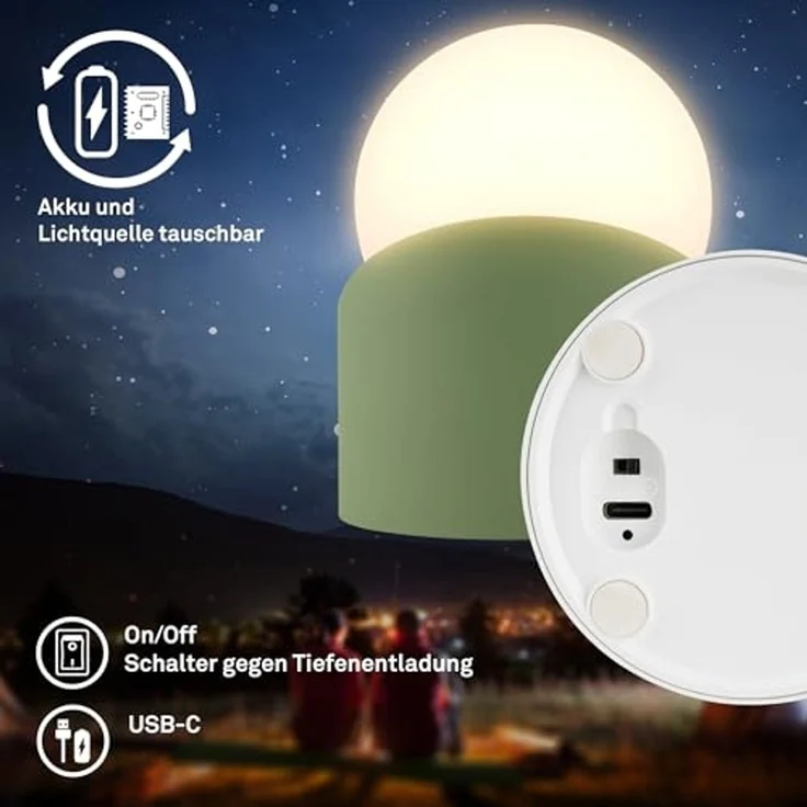 BRILONER - Mini LED Tischlampe kabellos IP54 mit Touch, dimmbar in Stufen, Akku & Lichtquelle tauschbar, Nachttischlampe, Kugel, LED Lampe, Akku Tischleuchte, Outdoor Lampe, 10 x 8 x 9 cm, Grün – Bild 2