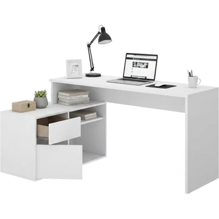 Dmora - Gardena-Schreibtisch, Schreibtisch mit Mehreren Positionen für das Büro oder Schlafzimmer, Mehrzweck-Ecktisch, 139 x 92 x 75 cm, Weiß – Bild 4