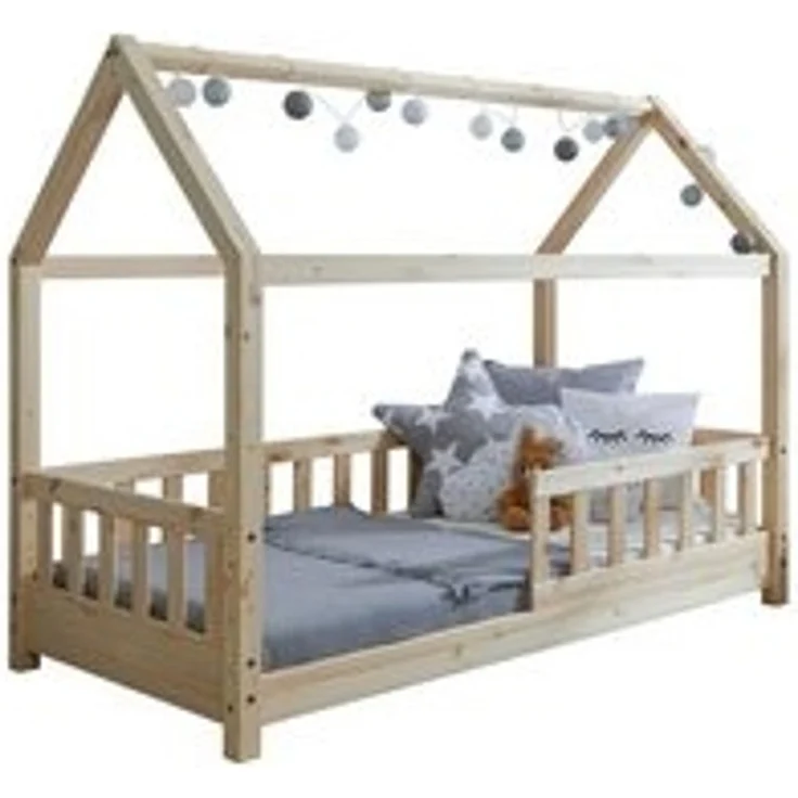 Ticaa Hausbett Kay mit Rausfallschutz aus Kiefer, Kinderbett 80x160, inkl. Dach, mit Rollrost, mit Matratze – Bild 6