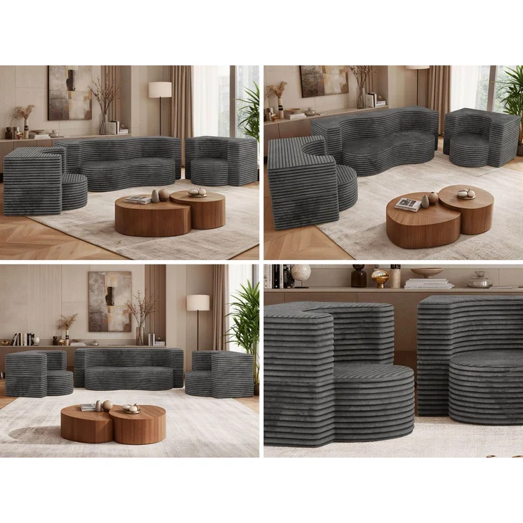 Polstermöbel-Set SANOA, Sofa mit 2 Sesseln, Schlaffunktion, Ausklappbares Sofa, 3-teiliges, Schaumstoffkern - Dunkelgrau Cord – Bild 2