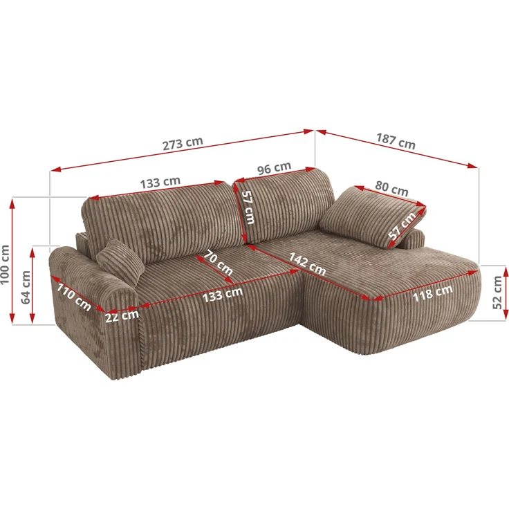Ecksofa, L-förmiges, lose Kissen, DL-Schlaffunktion, (H 100 x T 187 x B 273 cm) - CUBO L - Cord Braun - linke Seite – Bild 6