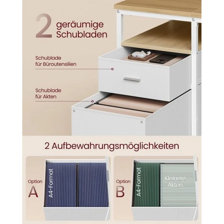 VASAGLE Computertisch, Bürotisch, Schreibtisch, mit 3 Ablagen, 2 Schubladen, 60 x 140 x 76 cm, fürs Büro, Wohnzimmer, moderner Stil, natureichenfarben-perlweiß – Bild 3