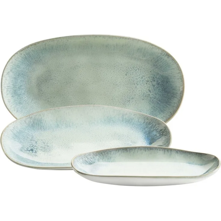 Set aus 3 Servierplatten, Keramik Servierteller in 3 Größen, moderner Vintage Look, Türkis-Grün gesprenkelte Glasur