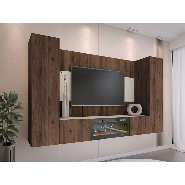 Wohnwand Deromi V mit Kamin (Farbe: Nuss Okapi + Travertin) – Bild 1