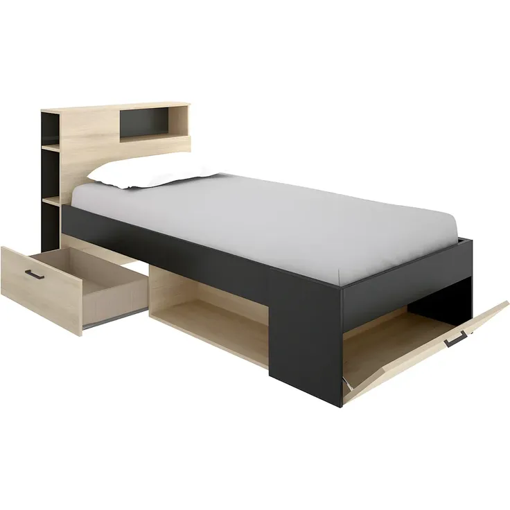 Vente-unique - LEANDRE Bett Holz, Platte GrauBeige - B 99,5 cm x H 95 cm x L 218,5 cm – Bild 5