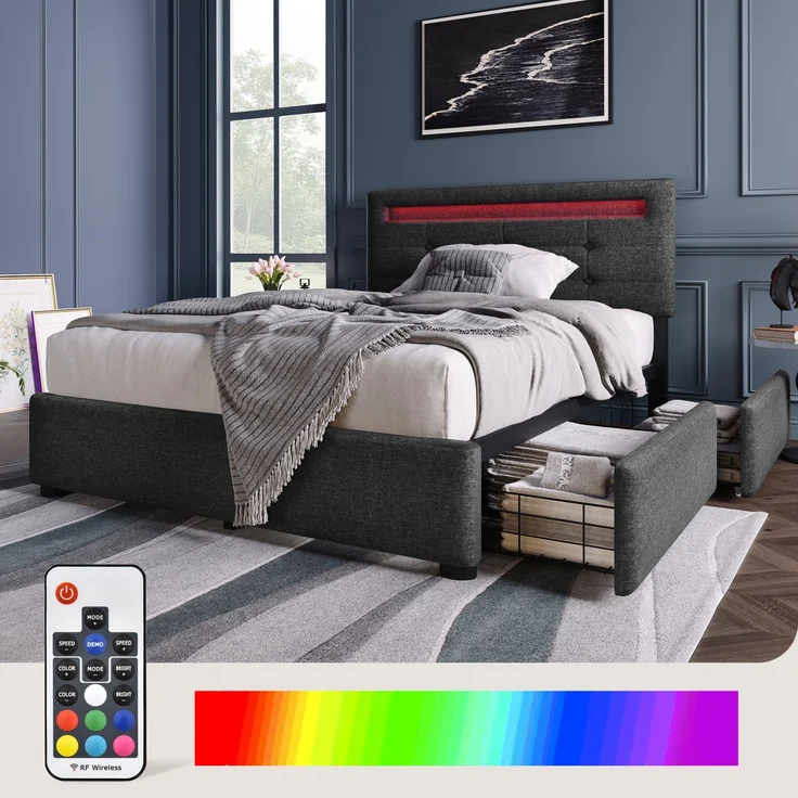 Einzelbett 90 × 200 cm mit LED-Beleuchtung, verstellbarem Kopfteil, 2 Schubladen, Leinenbezug in Grau, modernes Design,inklusive Matratze – Bild 2