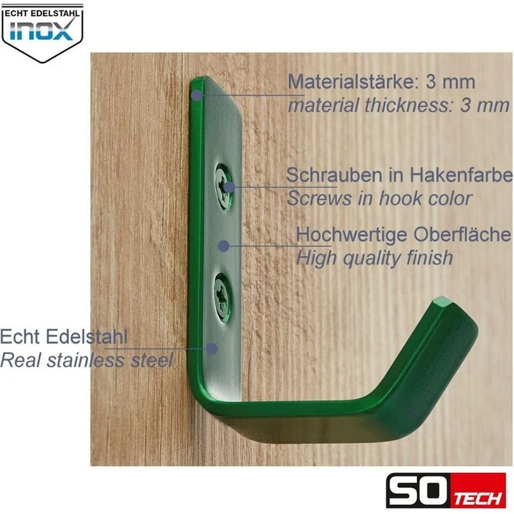 SO-TECH® Kleiderhaken doppelter Wandhaken, Edelstahl, 142 x 20 x 45 mm, (1-St), großer Jackenhaken mit abgerundeten Kanten grün – Bild 3