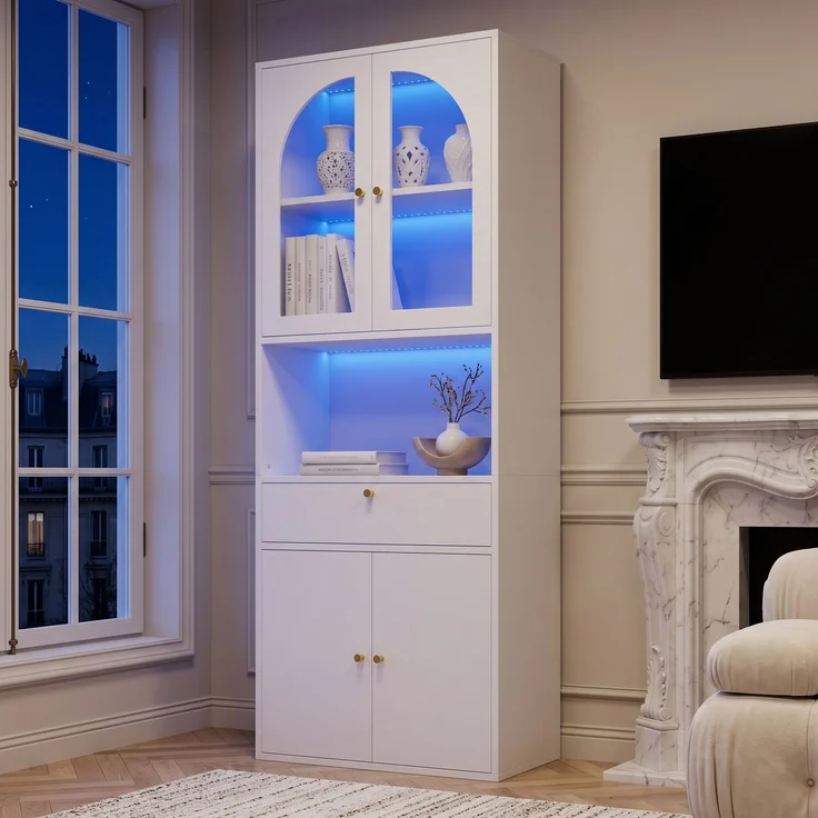 Glasvitrine, Bücherschrank, Büroschrank, Figurenschrank, Hochschrank, Stauraumschrank,Küchenschrank, mit RGB mehrfarbig dimmbaren LED-Leisten, per Smartphone-App steuerbar, weiß, 70 × 35 × 180 cm--Weiß--70x35x180cm--YOUDENOVA – Bild 3